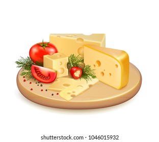 Cheese With Vegetables, Fresh Greens And Spice On Wooden Plate 3d Composition On White Background Vector Illustration