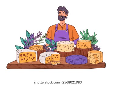 Cheese vendor with assorted cheeses and herbs. Smiling man in apron behind cheese selection with leafy greens and grapes on wooden board. Market theme