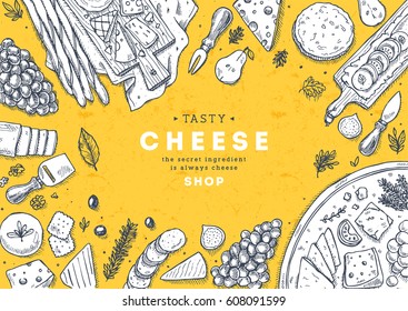 Cheese vertical banner collection. Antipasto table background. Engraved style illustration. Hero image. Vector illustration