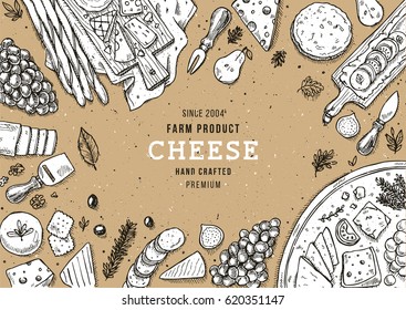 Cheese vertical banner collection. Antipasto table background. Engraved style illustration. Hero image. Vector illustration