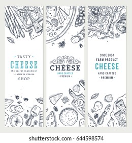 Cheese vertical banner collection. Antipasto table background. Engraved style illustration. Hero image. Vector illustration