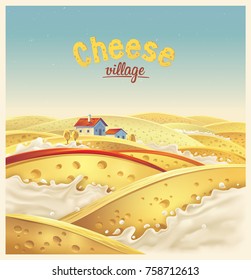 Cheese village - fictional landscape. Cheese slices in the milk splashes, vector illustration.