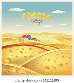 Cheese village. Vector illustration of a fictional landscape of the cheese slices.