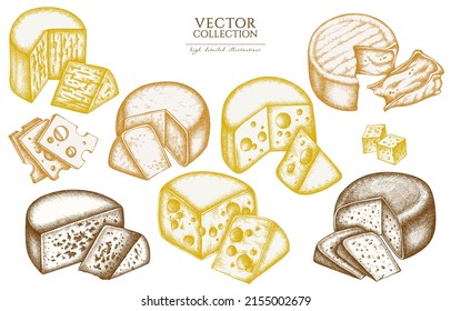 Cheese vintage illustrations collection. Hand drawn logo designs with brie, gouda cheese, roquefort, etc.