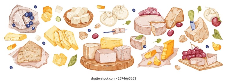 Cheese watercolor illustration, vector dairy product collection Italian parmesan mozzarella clipart. Hand drawn farm fresh food, breakfast tasty slice kitchen shop decoration design. Cheese watercolor