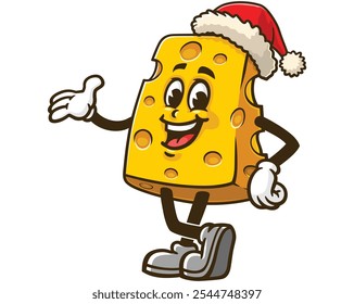 Cheese wearing a christmas hat, Cartoon Mascot Illustration Character Vector Clip-art Hand-drawn Logo Design