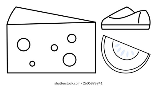 Cheese wedge with holes, sandwich, and lemon slice. Ideal for food guides, menus, culinary blogs, recipe books, nutrition infographics, kitchen decor, childrens educational materials. Line metaphor