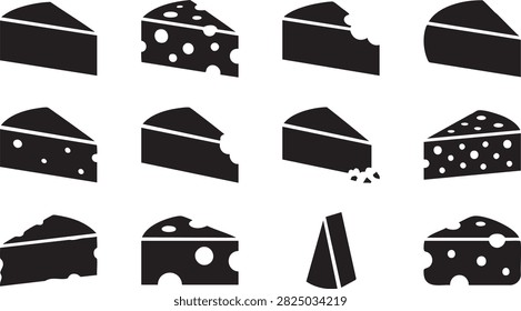 Cheese wedge icon set with black hole patterns and varied shapes for food design projects