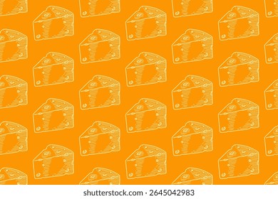 cheese wedge seamless pattern in engraving style on yellow background. dairy product hatching line motif wallpaper. cheese slice background for dairy branding, packaging, textiles, culinary prints.