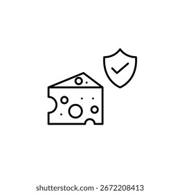 Cuña de queso, escudo y marca de verificación. Seguridad del producto verificada, contenido certificado, embalaje de confianza, ingredientes aprobados. Icono de Vector de trazo perfecto y editable