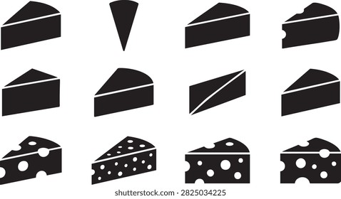 Cheese wedge and slice icon set with black food shapes for restaurant menus and food branding