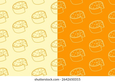 Queijo cunhas linha arte padrão sem costura no fundo branco amarelo. Fundo padrão de doodle linear de cunha de queijo. Cheddar contorno isolado papel de parede do motivo. alimentos rótulo, embalagem e mercadoria