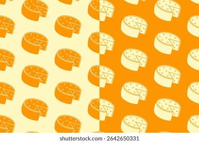 Queijo cunhas silhueta padrão sem costura no fundo branco amarelo. Fundo de padrão de rabiscar glifo de queijo. Cheddar retro preenchido isolado papel de parede do motivo. alimentos rótulo, embalagem e mercadoria