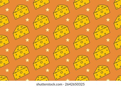 Cheese wedges with star seamless pattern on tan background. Cheese slice colorful doodle pattern background. Cheddar gouda isolated motif wallpaper. foods label, packaging and merchandise