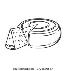 Roda de queijo com corte e detalhes de textura. Queijo duro, laticínios, comida tradicional, produção agrícola, estilo rústico. Contorno de gravação monocromática, vintage line art. ilustração vetorial.