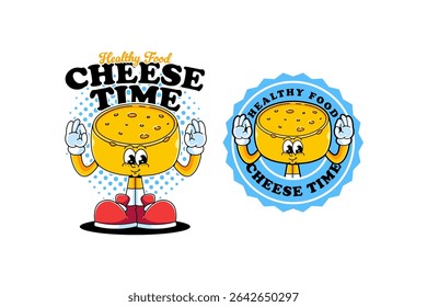 Cheese wheel food retro mascot illustration logo set with okay hand pose. Cheddar character smiling for healthy snack branding. Funny cheese block cartoon mascot for kids snack and food