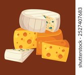 Cheese wheel illustration, cheese slices, brie, roquefort, emmental flat hand drawn style