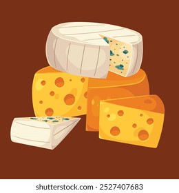 Ilustração de roda de queijo, fatias de queijo, brie, roquefort, emmental estilo desenhado à mão plana