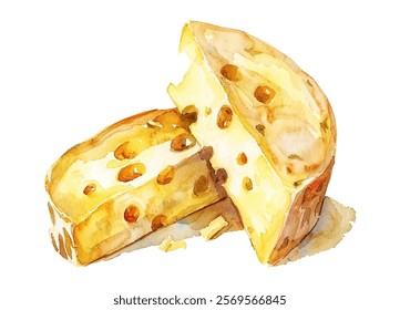 Cheese wheel, partially cut to reveal its creamy, hole-filled interior vector illustration. Vibrant yellow and golden hues 
Emmental cheese watercolor style illustration.