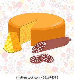 Cheese wheel and salami.