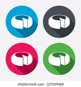 Cheese wheel sign icon. Sliced cheese symbol. Round cheese. Circle buttons with long shadow. 4 icons set. Vector