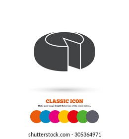 Cheese wheel sign icon. Sliced cheese symbol. Round cheese. Classic flat icon. Colored circles. Vector