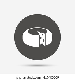 Cheese wheel sign icon. Sliced cheese symbol. Round cheese with holes. Gray circle button with icon. Vector