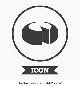 Cheese wheel sign icon. Sliced cheese symbol. Round cheese. Graphic design element. Flat symbol in circle button. Vector