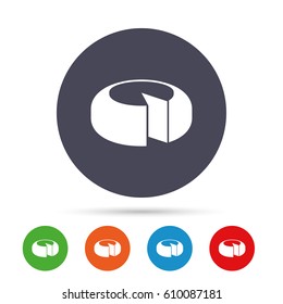 Cheese Wheel Sign Icon. Sliced Cheese Symbol. Round Cheese. Round Colourful Buttons With Flat Icons. Vector