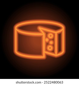 Cheese wheel simple icon vector. Flat design. Orange neon on black background.ai