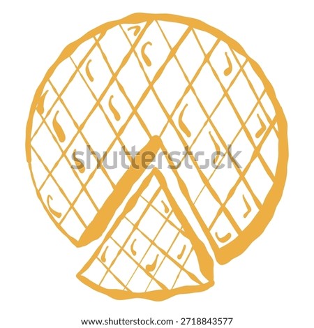 Cheese wheel with slice, dairy illustration. Wheel and wedge, cheese board graphic. Round cheese slice, gourmet vector art