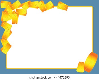 Cheese wheel and slices of cheese on a blue background frame.