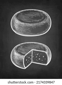 Cheese wheels. Chalk sketch on blackboard background. Hand drawn vector illustration. Vintage style stroke drawing.