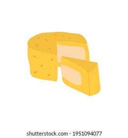 Cheese wheels and slices isolated on a white background. Delicious, dairy, traditional. Healthy food handmade. Flat hand drawn design vector illustration in cartoon style