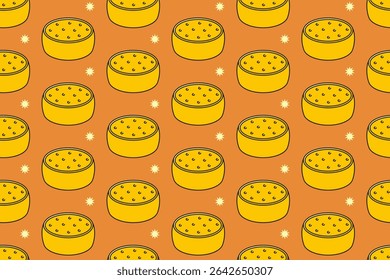 Cheese wheels with star seamless pattern on tan background. Cheese block colorful doodle pattern background. Cheddar isolated motif wallpaper. foods label, packaging and merchandise