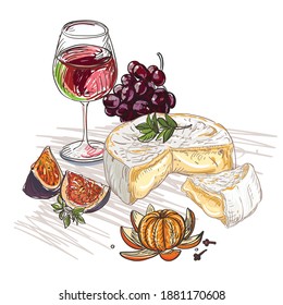 Cheese with white and blue mold, with fruit and wine on the table - vector graphics. Each element separately, white background, figs, tangerine, glass, french cheese, drawing, vector, mature, grapes, 