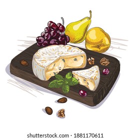 Cheese with white and blue mold, with fruit and wine on the table - vector graphics. Each element separately, white background, figs, tangerine, glass, french cheese, drawing, vector, mature, grapes, 