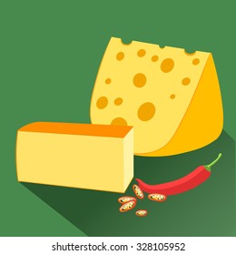 Cheese with wholes.  Vector illustration with yang dutch cheese.  Element for menu, banners. Dutch yellow piece of cheese with chili pepper. Icon with shadow