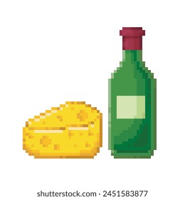 Cheese and wine bottle, pixel art food