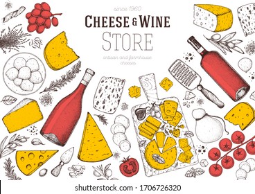 Cheese and wine design template. Hand drawn sketch. Retro food background. Menu restaurant. Gourmet food set. Vintage cheese, vegetables, spice, wine drawings. Dairy products frame on white background