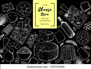 Cheese and wine design template. Hand drawn sketch. Retro food background. Menu restaurant. Gourmet food set. Vintage cheese, vegetables, spice, wine drawings. Dairy products frame on black background