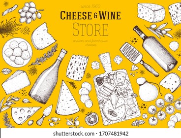 Cheese and wine design template. Hand drawn sketch. Retro food background. Menu restaurant. Gourmet food set. Vintage cheese, vegetables, spice, wine drawings. Dairy products frame