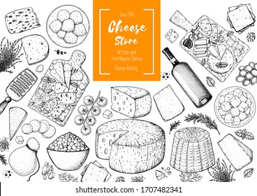 Cheese and wine design template. Hand drawn sketch. Retro food background. Menu restaurant. Gourmet food set. Vintage cheese, vegetables, spice, wine drawings. Dairy products frame on white background