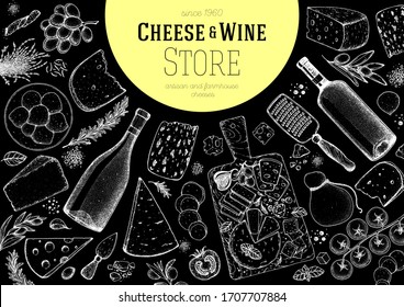 Cheese and wine design template. Hand drawn sketch. Retro food background. Menu restaurant. Gourmet food set. Vintage cheese, vegetables, spice, wine drawings. Dairy products frame. 