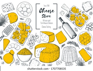 Cheese and wine design template. Hand drawn sketch. Retro food background. Menu restaurant. Gourmet food set. Vintage cheese, vegetables, spice, wine drawings. Dairy products frame