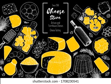 Cheese and wine design template. Hand drawn sketch. Retro food background. Menu restaurant. Gourmet food set. Vintage cheese, vegetables, spice, wine drawings. Dairy products frame