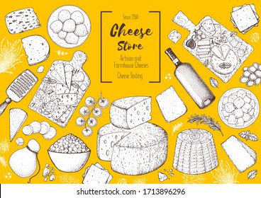 Plantilla de diseño de queso y vino. Dibujo hecho a mano. Fondo de comida retro. Restaurante a la carta. Restaurante gastronómico. Queso de época, verduras, especias, dibujos de vino. Marco de productos lácteos
