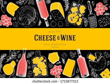 Cheese and wine design template. Hand drawn sketch. Retro food background. Menu restaurant. Gourmet food set. Vintage cheese, spice, wine drawings. Dairy products frame