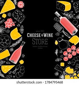 Cheese and wine design template. Hand drawn sketch. Food background. Menu restaurant. Gourmet food set. Vintage cheese, spice, wine drawings. Dairy products frame