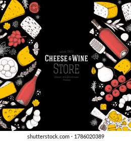 Cheese and wine design template. Hand drawn sketch. Food background. Menu restaurant. Gourmet food set. Vintage cheese, spice, wine drawings. Dairy products frame